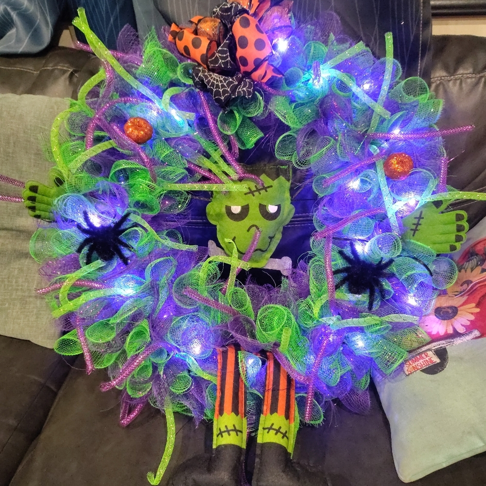 Hand Crafted Halloween Wreath with Frankenstein, Green and Purple Mesh